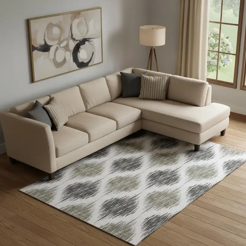 Taupe And Ivory Ikat Washable Area Rug With UV Protection Photo 1