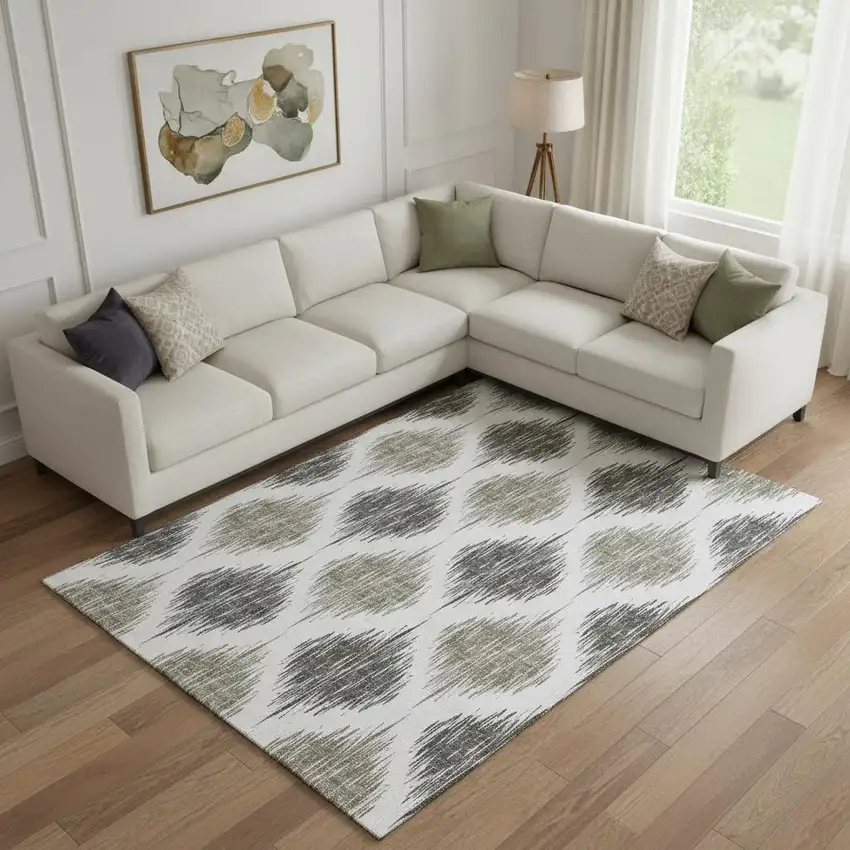 Taupe And Ivory Ikat Washable Area Rug With UV Protection Photo 1