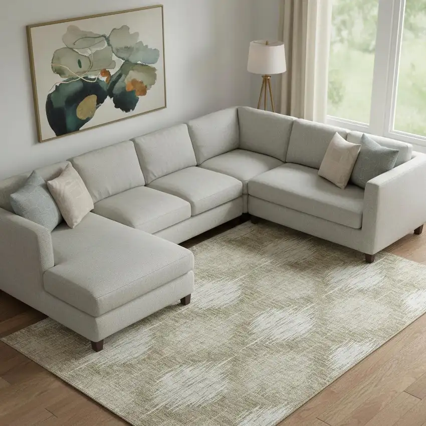 Taupe And Ivory Ikat Washable Area Rug With UV Protection Photo 1