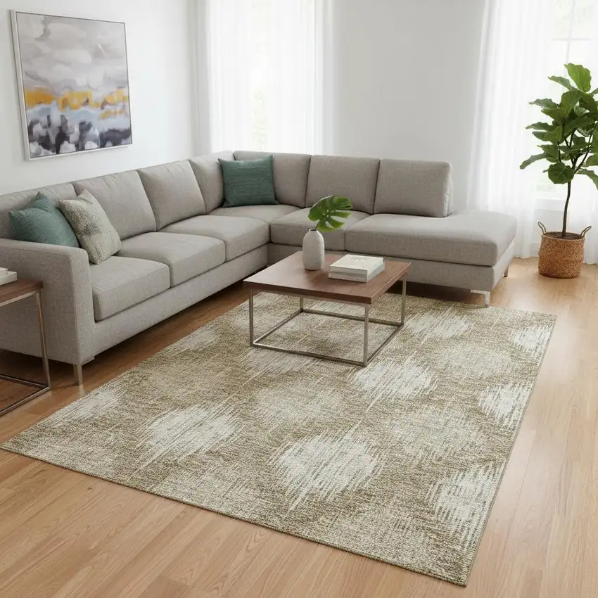 Taupe And Ivory Ikat Washable Area Rug With UV Protection Photo 2