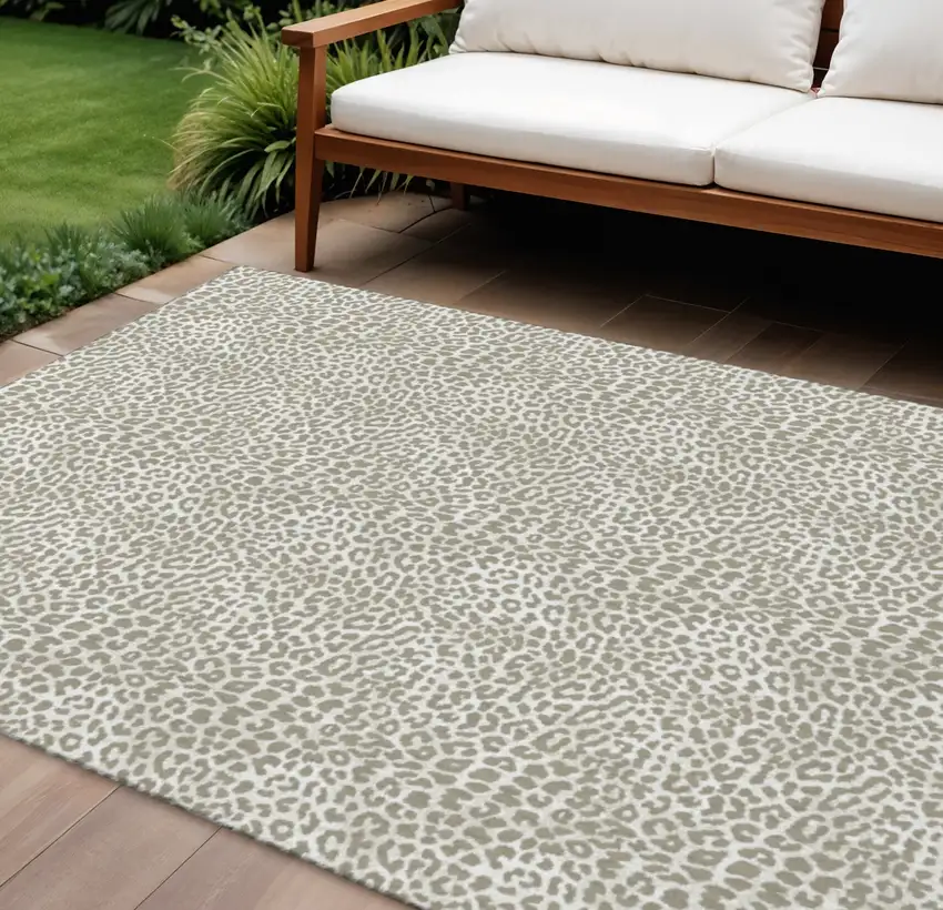 Taupe And Ivory Leopard Print Washable Indoor Outdoor Area Rug Photo 1