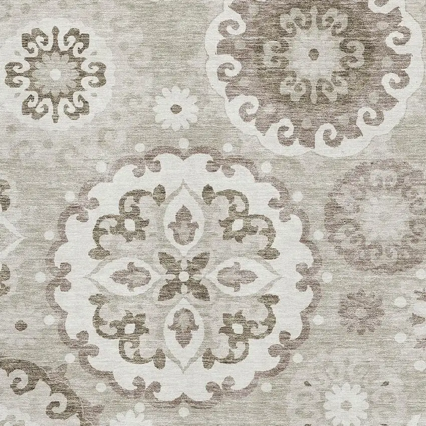 Taupe And Ivory Medallion Washable Area Rug With UV Protection Photo 3