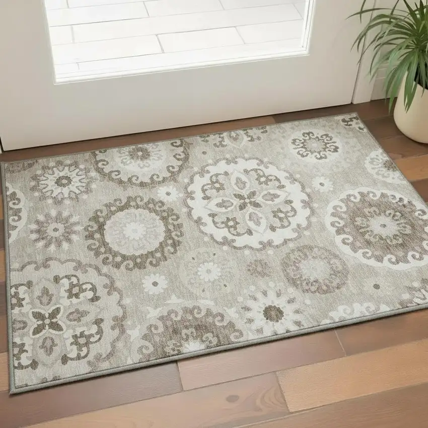 Taupe And Ivory Medallion Washable Area Rug With UV Protection Photo 2