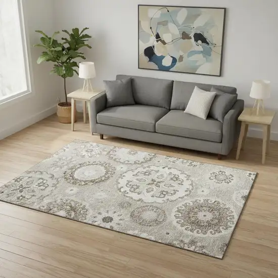 Taupe And Ivory Medallion Washable Area Rug With UV Protection Photo 2