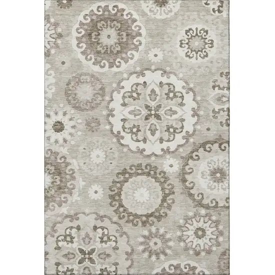 Taupe And Ivory Medallion Washable Area Rug With UV Protection Photo 4
