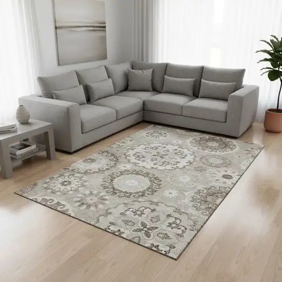 Taupe And Ivory Medallion Washable Area Rug With UV Protection Photo 2