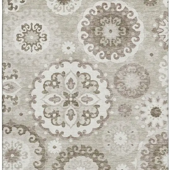 Taupe And Ivory Medallion Washable Area Rug With UV Protection Photo 3