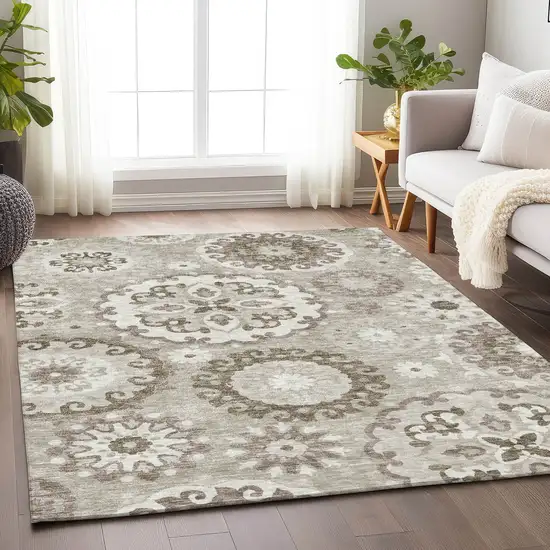 Taupe And Ivory Medallion Washable Area Rug With UV Protection Photo 5