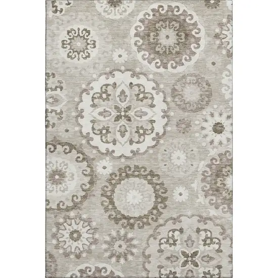 Taupe And Ivory Medallion Washable Area Rug With UV Protection Photo 1