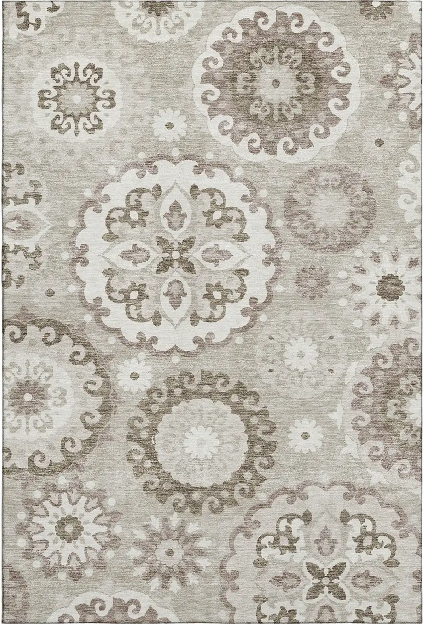 Taupe And Ivory Medallion Washable Area Rug With UV Protection Photo 1