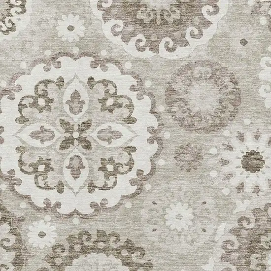 Taupe And Ivory Medallion Washable Area Rug With UV Protection Photo 3