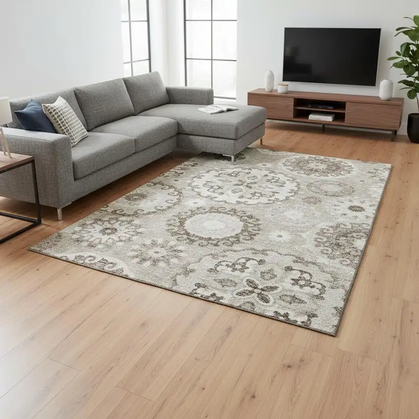 Taupe And Ivory Medallion Washable Area Rug With UV Protection Photo 2