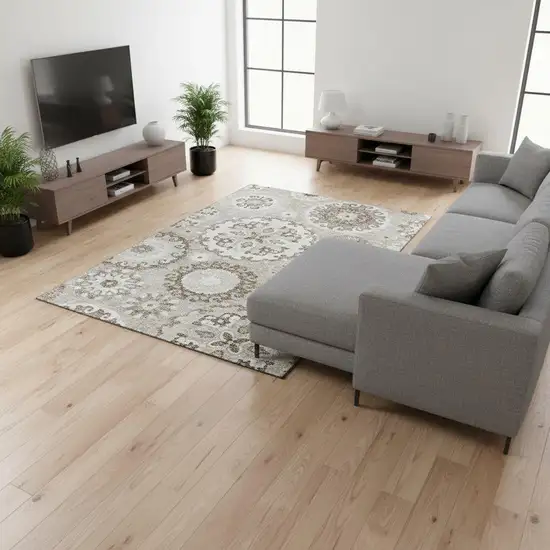 Taupe And Ivory Medallion Washable Area Rug With UV Protection Photo 2