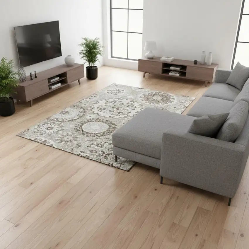 Taupe And Ivory Medallion Washable Area Rug With UV Protection Photo 2