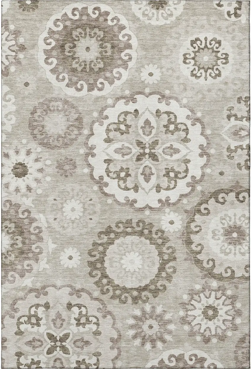 Taupe And Ivory Medallion Washable Area Rug With UV Protection Photo 3