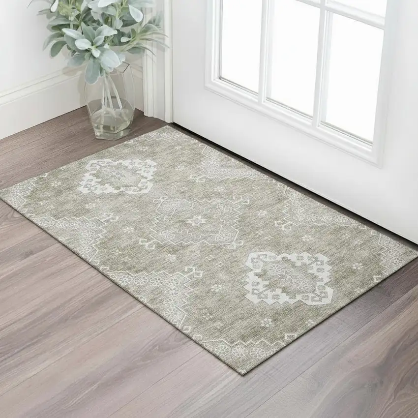 Taupe And Ivory Medallion Washable Area Rug With UV Protection Photo 1