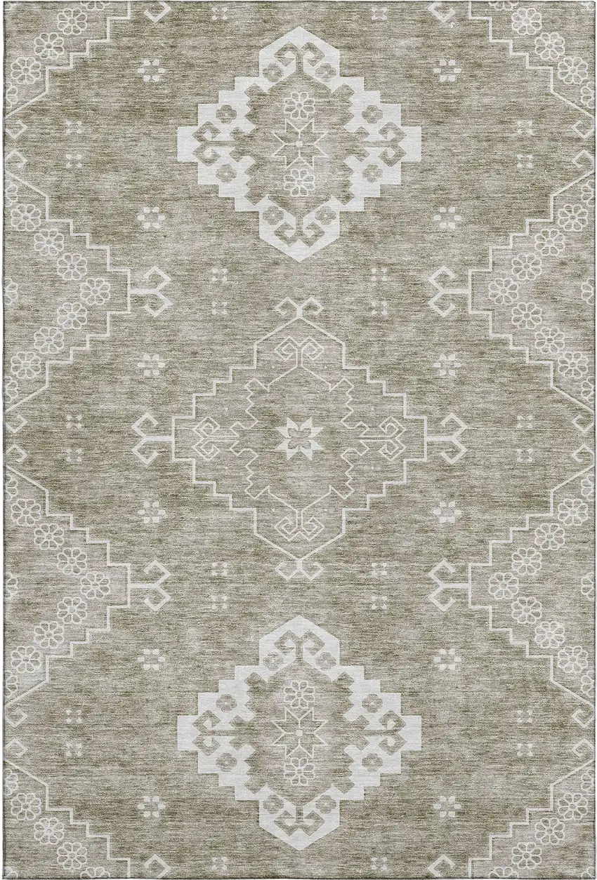 Taupe And Ivory Medallion Washable Area Rug With UV Protection Photo 1