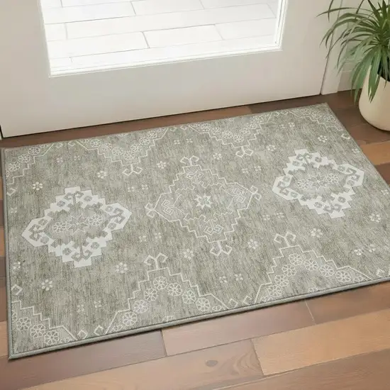 Taupe And Ivory Medallion Washable Area Rug With UV Protection Photo 2