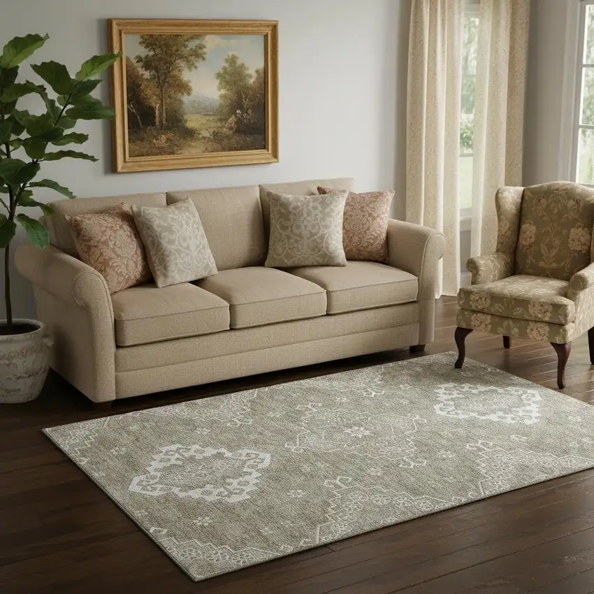 Taupe And Ivory Medallion Washable Area Rug With UV Protection Photo 1