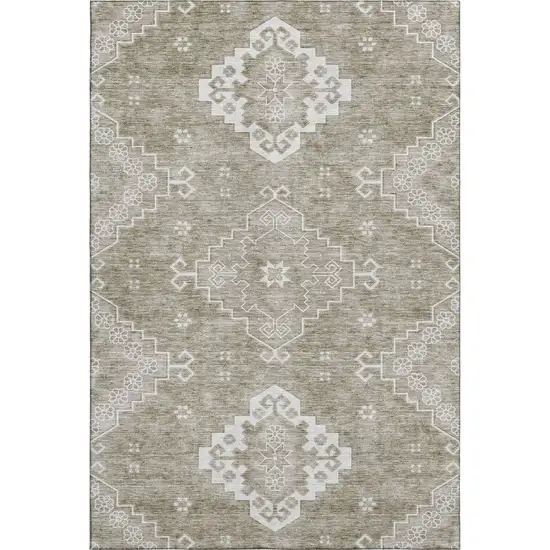 Taupe And Ivory Medallion Washable Area Rug With UV Protection Photo 1