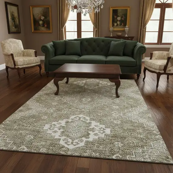 Taupe And Ivory Medallion Washable Area Rug With UV Protection Photo 2