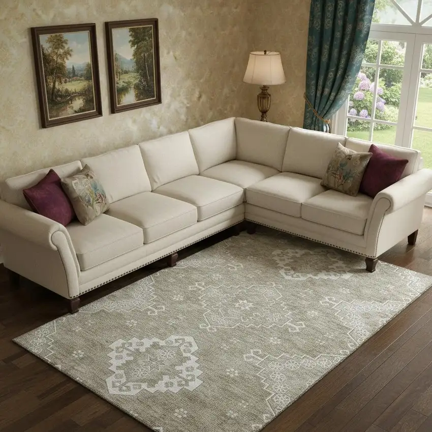 Taupe And Ivory Medallion Washable Area Rug With UV Protection Photo 1