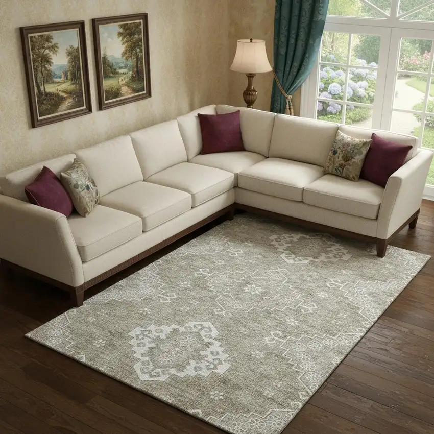 Taupe And Ivory Medallion Washable Area Rug With UV Protection Photo 3