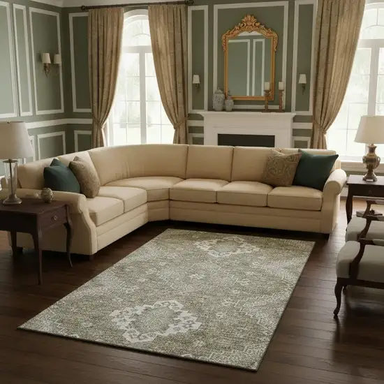 Taupe And Ivory Medallion Washable Area Rug With UV Protection Photo 2