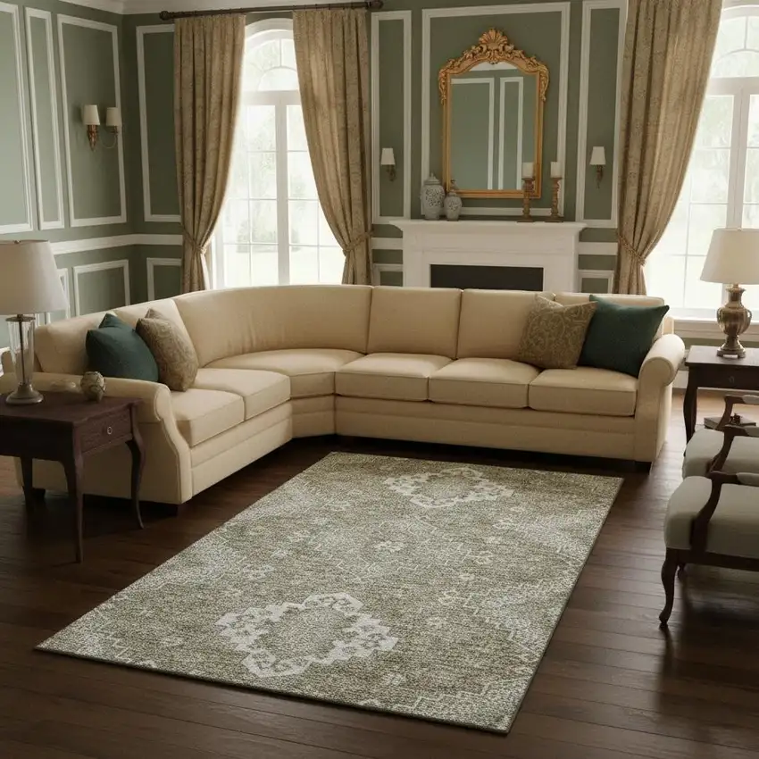 Taupe And Ivory Medallion Washable Area Rug With UV Protection Photo 2