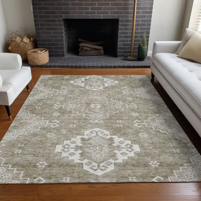 Taupe And Ivory Medallion Washable Area Rug With UV Protection Photo 5