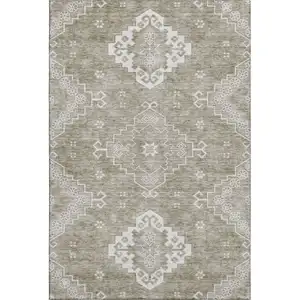 Photo of Taupe And Ivory Medallion Washable Area Rug With UV Protection