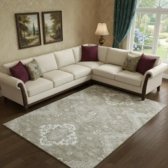 Taupe And Ivory Medallion Washable Area Rug With UV Protection Photo 1