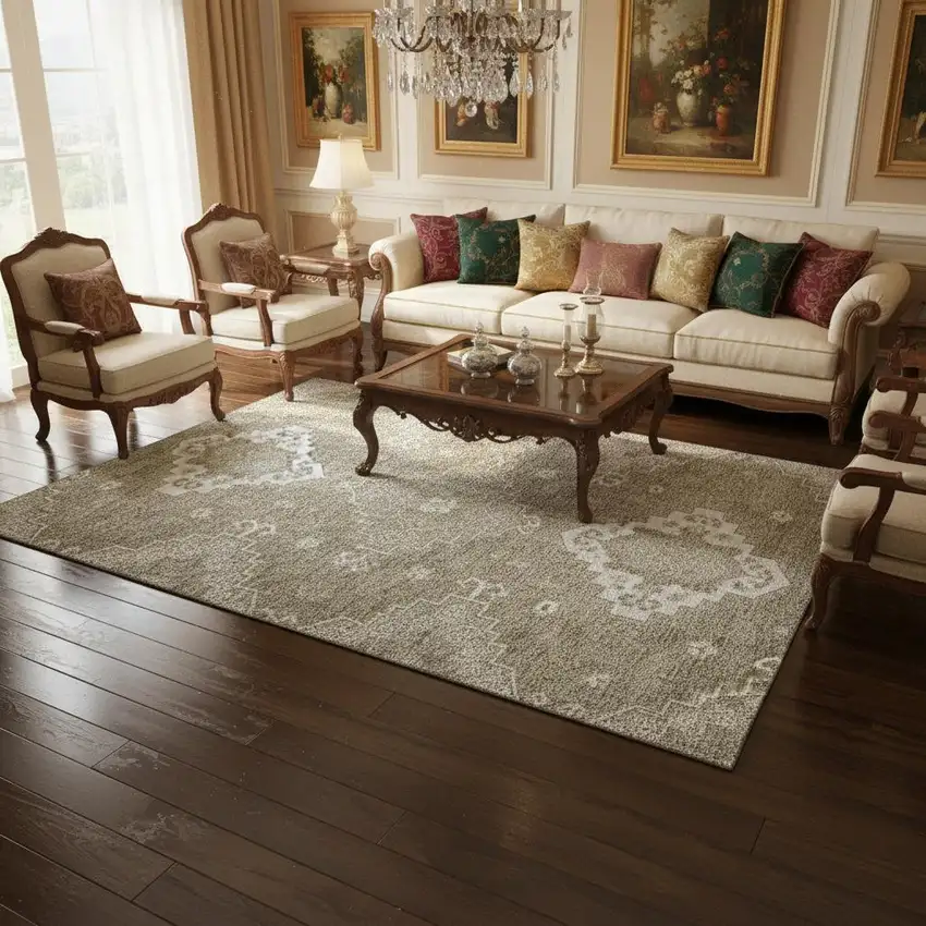 Taupe And Ivory Medallion Washable Area Rug With UV Protection Photo 2