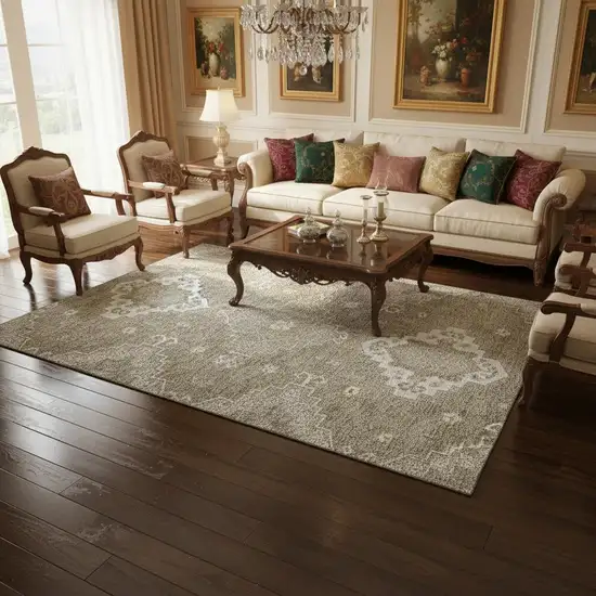 Taupe And Ivory Medallion Washable Area Rug With UV Protection Photo 2