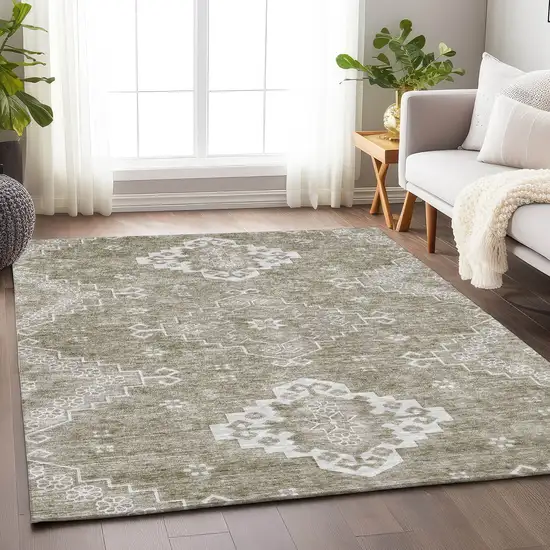 Taupe And Ivory Medallion Washable Area Rug With UV Protection Photo 6