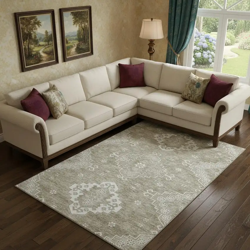 Taupe And Ivory Medallion Washable Area Rug With UV Protection Photo 1