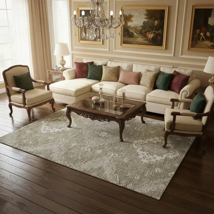 Taupe And Ivory Medallion Washable Area Rug With UV Protection Photo 2