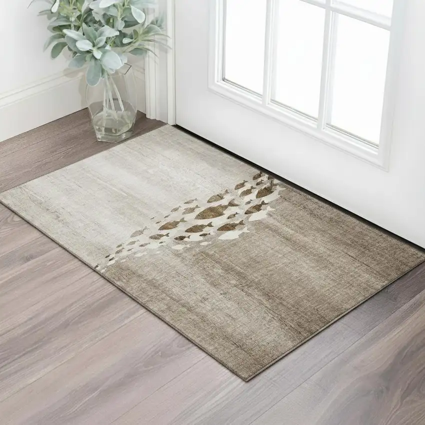 Taupe And Ivory Nautical Washable Area Rug With UV Protection Photo 1