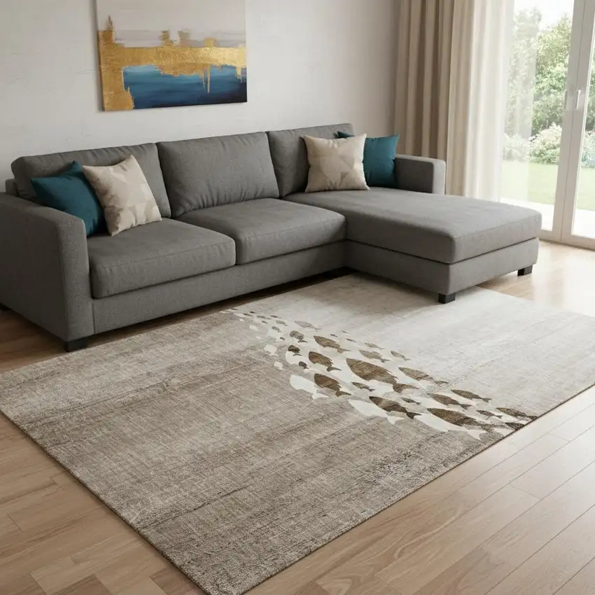 Taupe And Ivory Nautical Washable Area Rug With UV Protection Photo 1