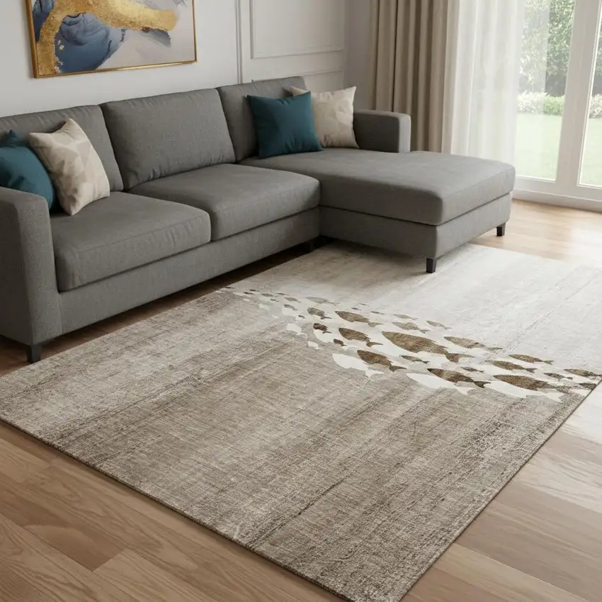 Taupe And Ivory Nautical Washable Area Rug With UV Protection Photo 1