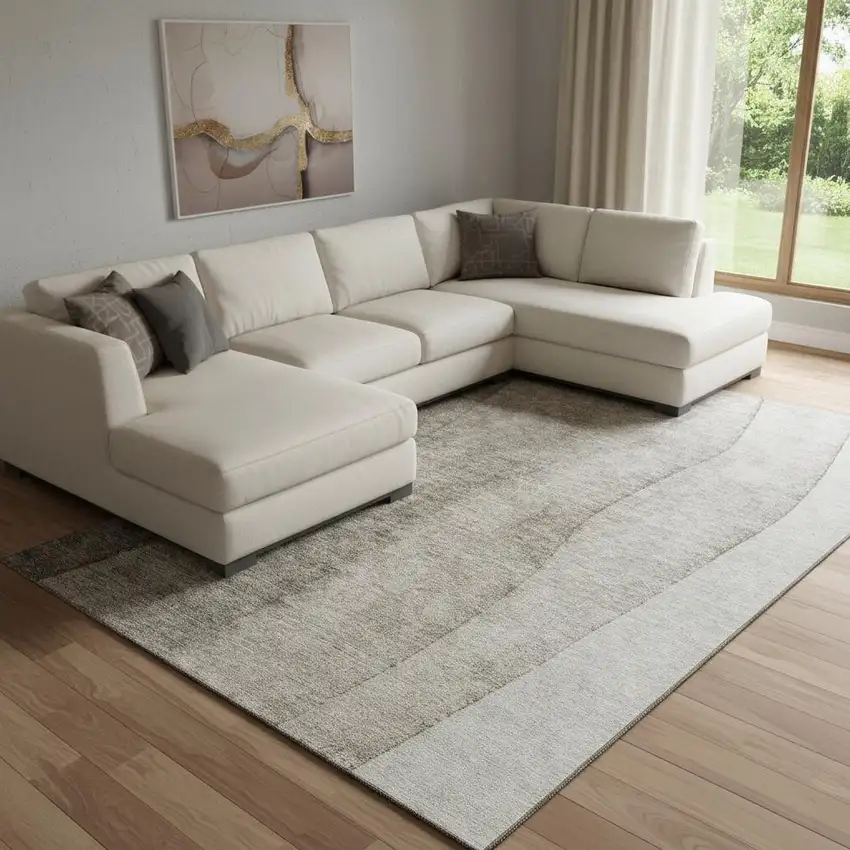 Taupe And Ivory Ombre Washable Area Rug With UV Protection Photo 1