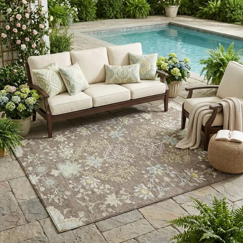 Taupe And Ivory Oriental Washable Indoor Outdoor Area Rug Photo 1