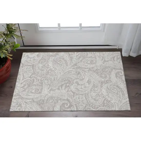 Taupe And Ivory Paisley Washable Area Rug With UV Protection Photo 2