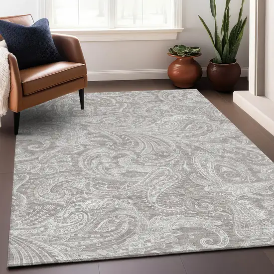 Taupe And Ivory Paisley Washable Area Rug With UV Protection Photo 5