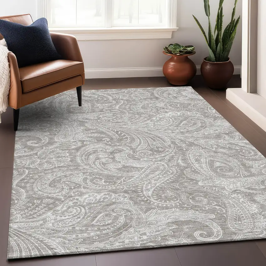 Taupe And Ivory Paisley Washable Area Rug With UV Protection Photo 4