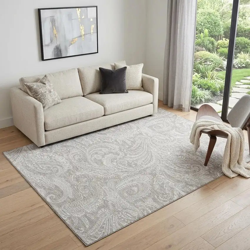 Taupe And Ivory Paisley Washable Area Rug With UV Protection Photo 1
