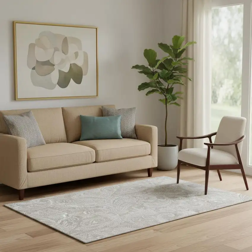 Taupe And Ivory Paisley Washable Area Rug With UV Protection Photo 1