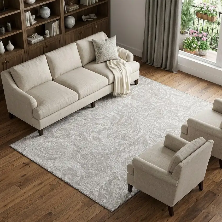 Taupe And Ivory Paisley Washable Area Rug With UV Protection Photo 1