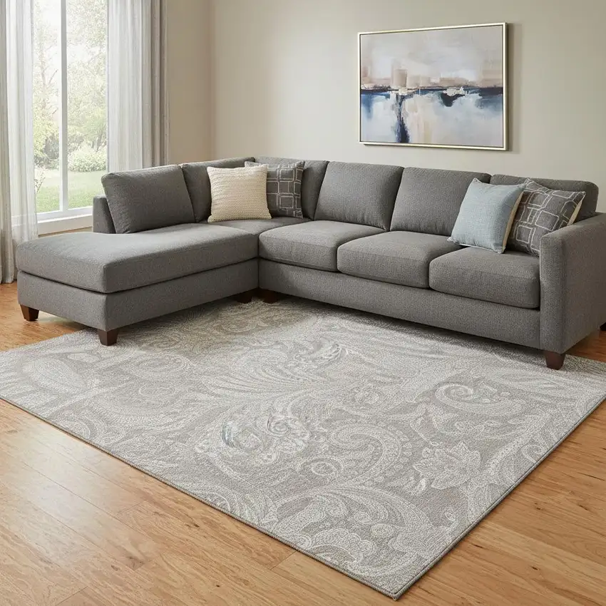 Taupe And Ivory Paisley Washable Area Rug With UV Protection Photo 1