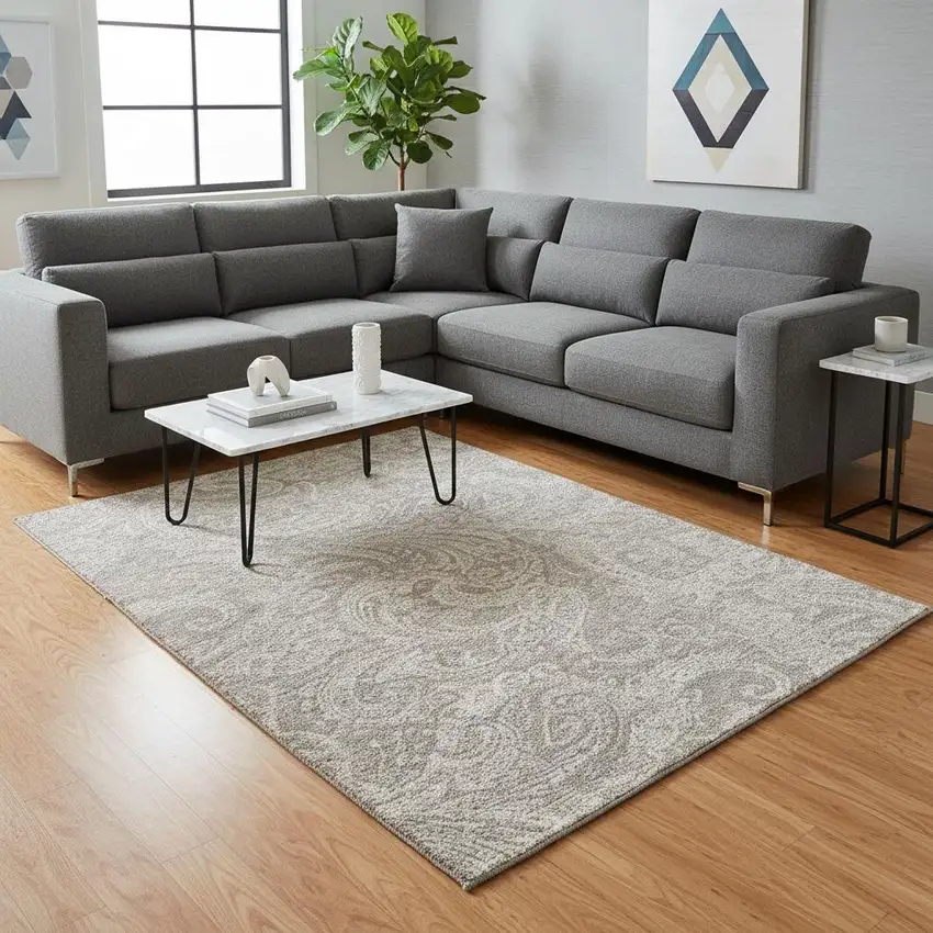 Taupe And Ivory Paisley Washable Area Rug With UV Protection Photo 3